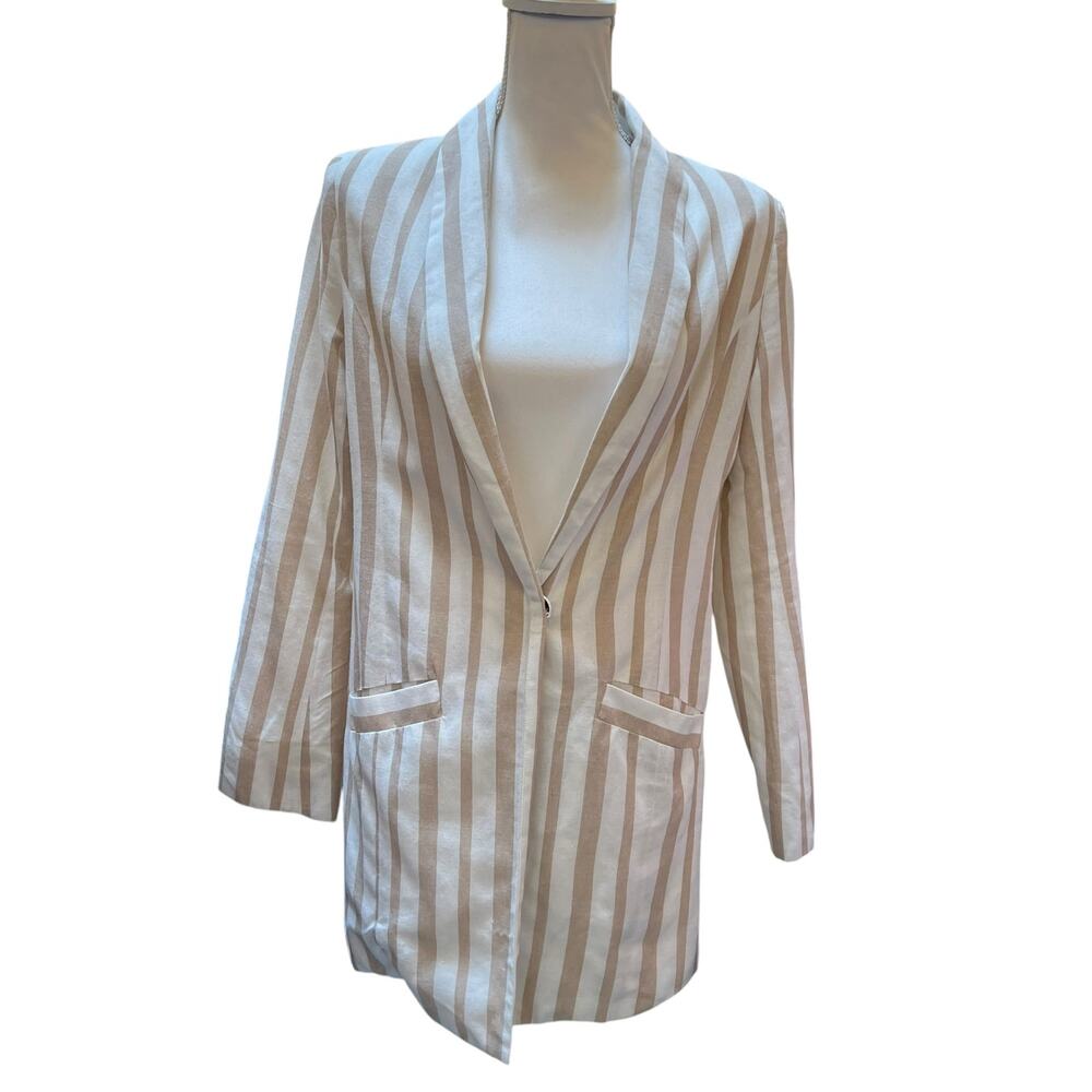 Chriselle x JOA Striped Longline Boyfriend Blazer Jacket Ivory Tan Beige Small